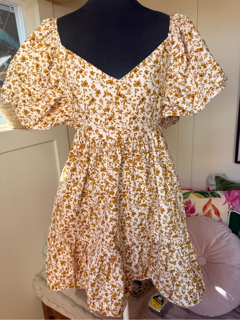 Aakaa Cream Mini Dress with Mustard Floral Print